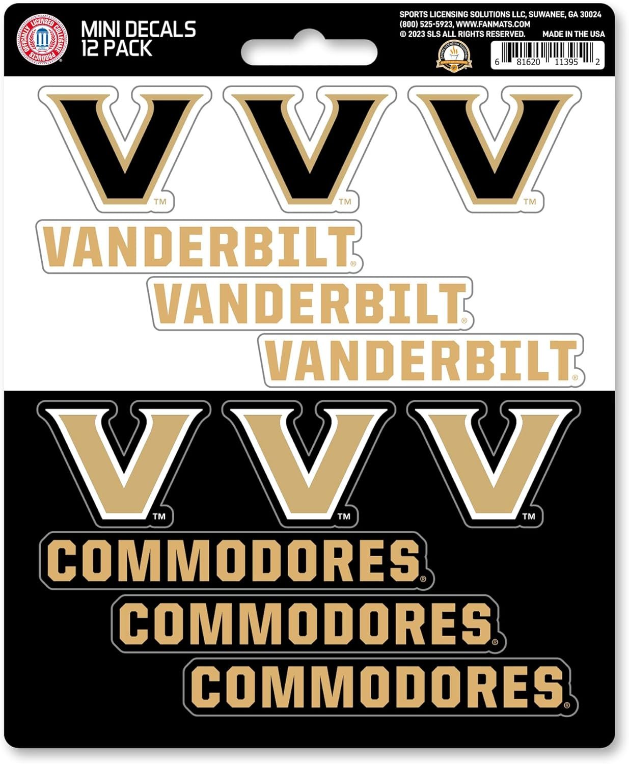 Vanderbilt University Commodores 12-Piece Mini Decal Sticker Set, 5x6 Inch Sheet, Gift for football fans for any hard surfaces around home, automotive, personal items