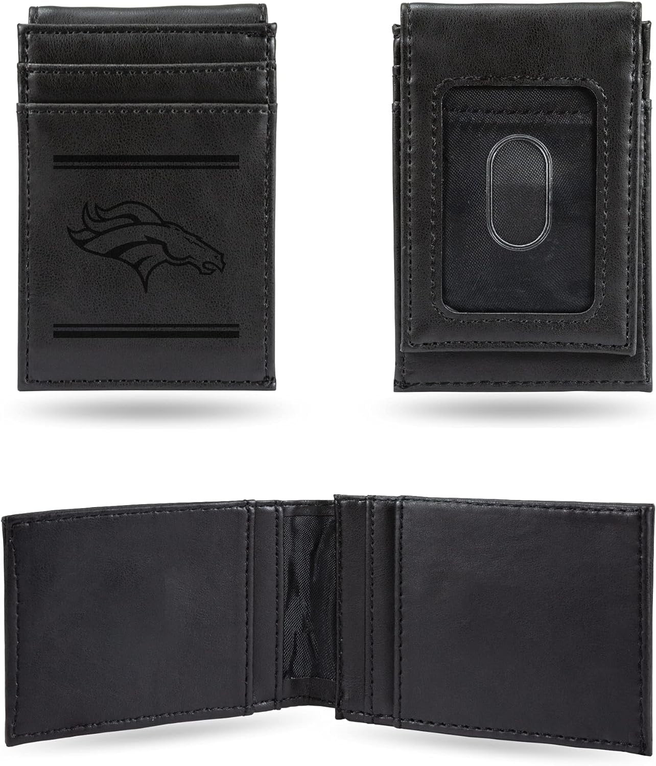 Denver Broncos Premium Black Leather Wallet, Front Pocket Magnetic Money Clip, Laser Engraved, Vegan
