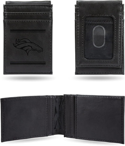 Denver Broncos Premium Black Leather Wallet, Front Pocket Magnetic Money Clip, Laser Engraved, Vegan