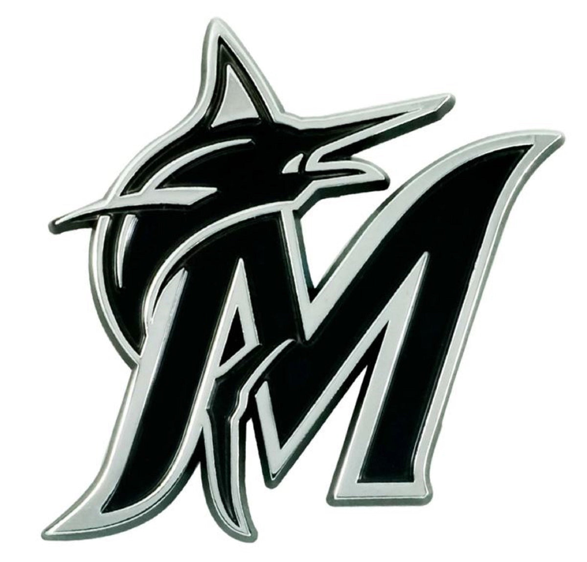 Miami Marlins Auto Emblem, Silver Chrome Color, Raised Molded Plastic, 3.5 Inch, Adhesive Tape Backing