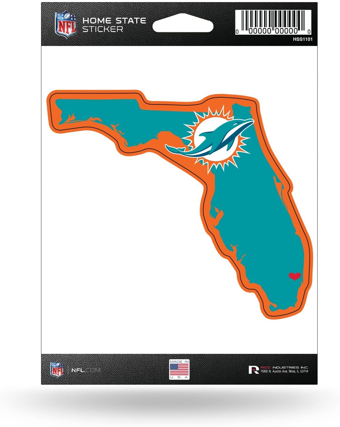 Miami Dolphins 5 Inch Sticker Decal, Home State Design, Flat Vinyl, Full Adhesive Backing