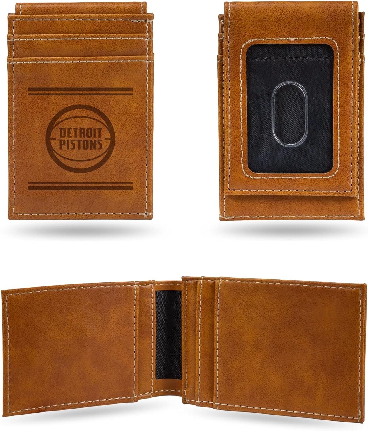 Detroit Pistons Premium Brown Leather Wallet, Front Pocket Magnetic Money Clip, Laser Engraved, Vegan