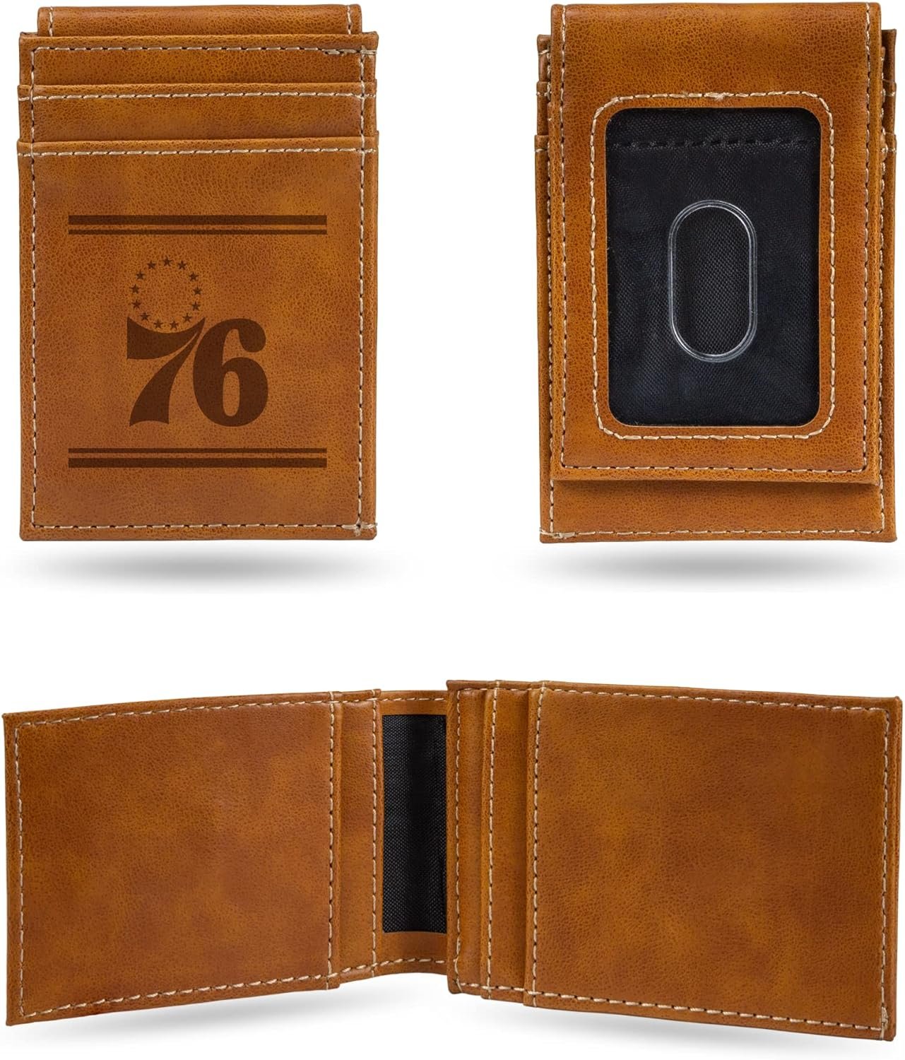 Rico Industries NBA Philadelphia 76ers Premium Laser Engraved Vegan Brown Leather Front Pocket Wallet - Compact and Slim yet Sturdy Design - Perfect to Show Your Team Pride or Gift