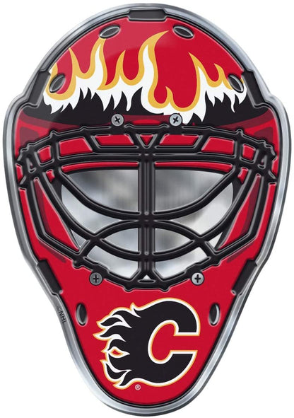 Calgary Flames Mask Auto Emblem, Aluminum Metal, Embossed Team Color, Raised Decal Sticker, Full Adhesive Backing