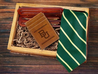 Baylor University Bears Premium Brown Leather Wallet, Front Pocket Magnetic Money Clip, Laser Engraved, Vegan