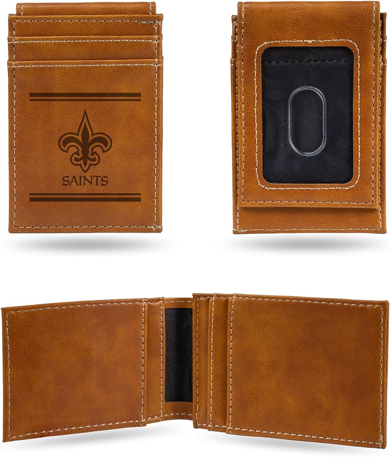 Rico Industries NFL New Orleans Saints Premium Laser Engraved Vegan Brown Leather Front Pocket Wallet - Compact and Slim yet Sturdy Design - Perfect to Show Your Team Pride or Gift
