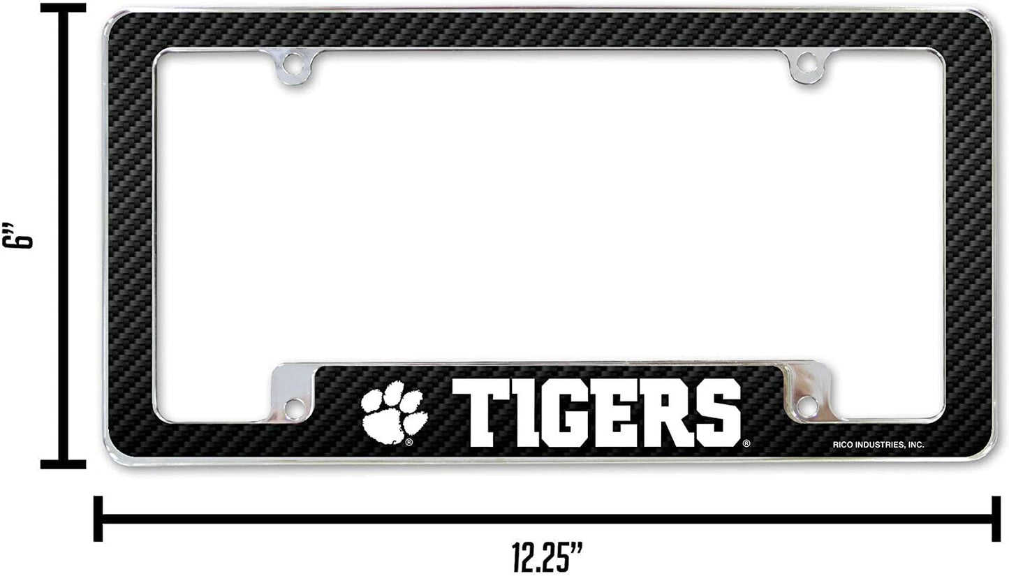 Clemson University Tigers Metal License Plate Frame Chrome Tag Cover Carbon Fiber Design 6x12 Inch