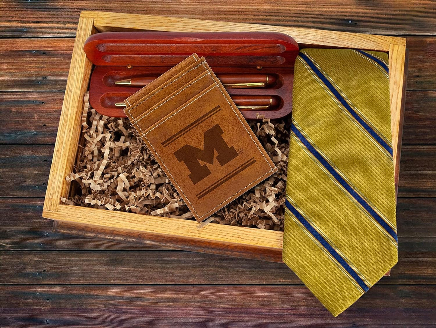 NCAA Michigan Wolverines Men’s Front ID Pocket Brown Wallet- Premium 8 Pocket Laser-Engraved Team Logo on Vegan Leather- Minimalist Design, Credit Card Holder- Ideal for Travel or Men’s Gift