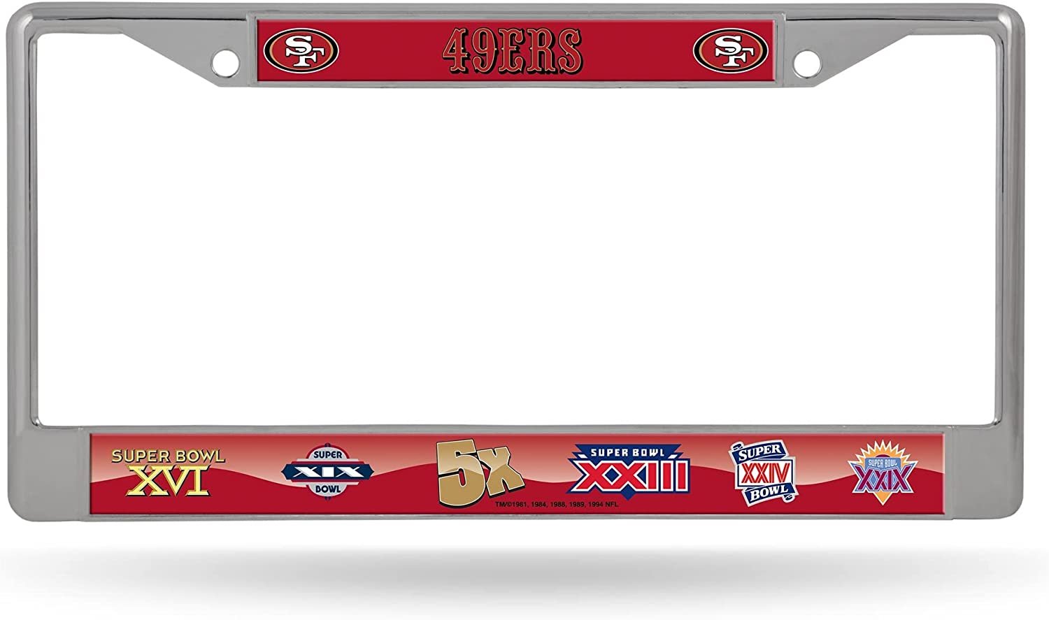 San Francisco 49ers 5X Champions Premium Metal License Plate Frame Chrome Tag Cover, 12x6 Inch
