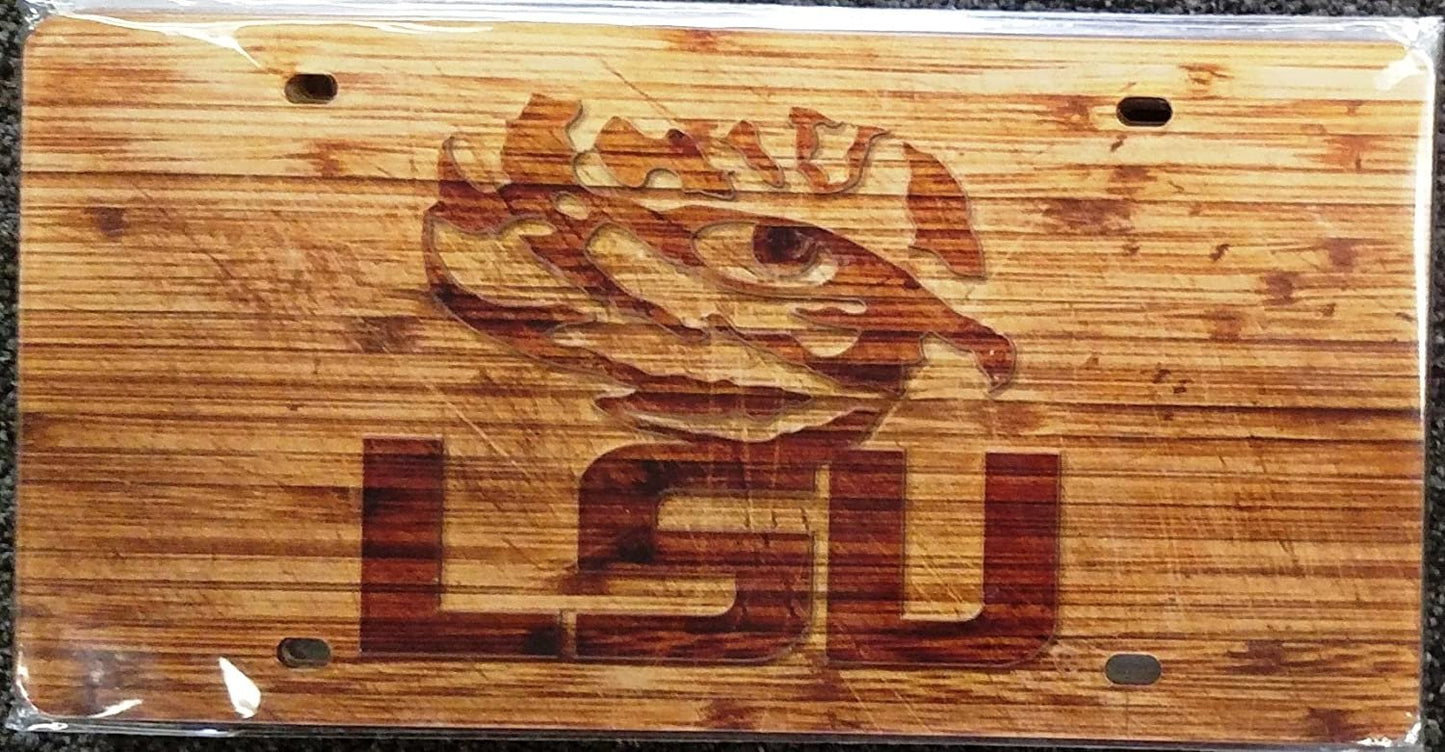 Louisiana State University Tigers LSU Premium Laser Cut Tag License Plate, Woodgrain Design, Mirrored Acrylic Inlaid, 6x12 Inch
