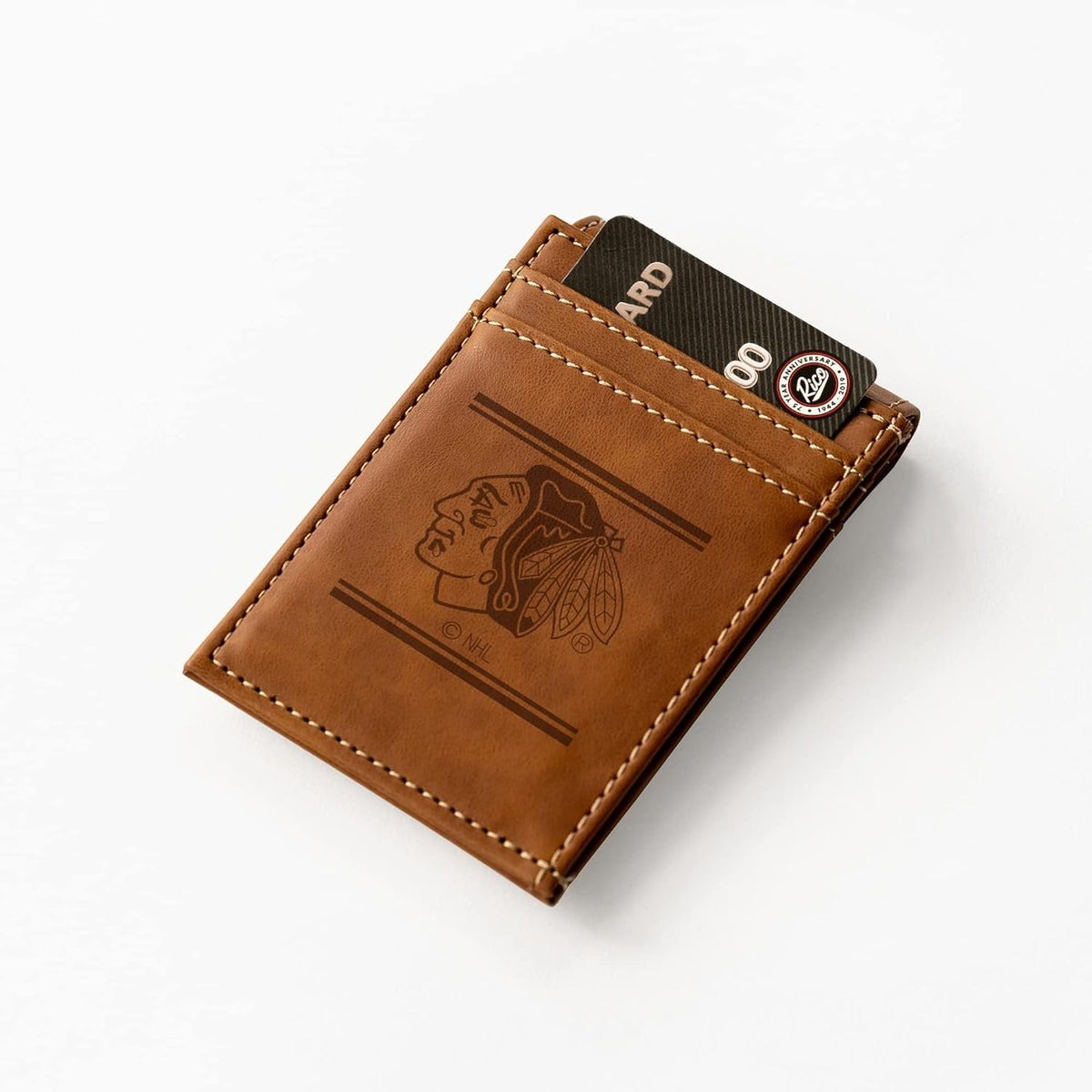 Chicago Blackhawks Premium Brown Leather Wallet, Front Pocket Magnetic Money Clip, Laser Engraved, Vegan
