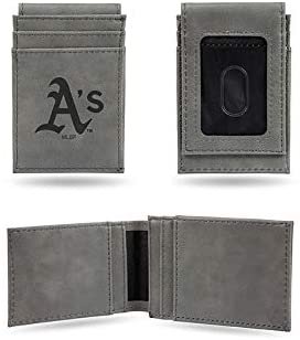 Oakland Athletics A's Premium Gray Leather Wallet, Front Pocket Magnetic Money Clip, Laser Engraved