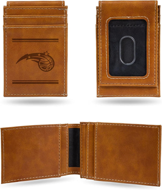 Rico Industries NBA Orlando Magic Premium Laser Engraved Vegan Brown Leather Front Pocket Wallet - Compact and Slim yet Sturdy Design - Perfect to Show Your Team Pride or Gift