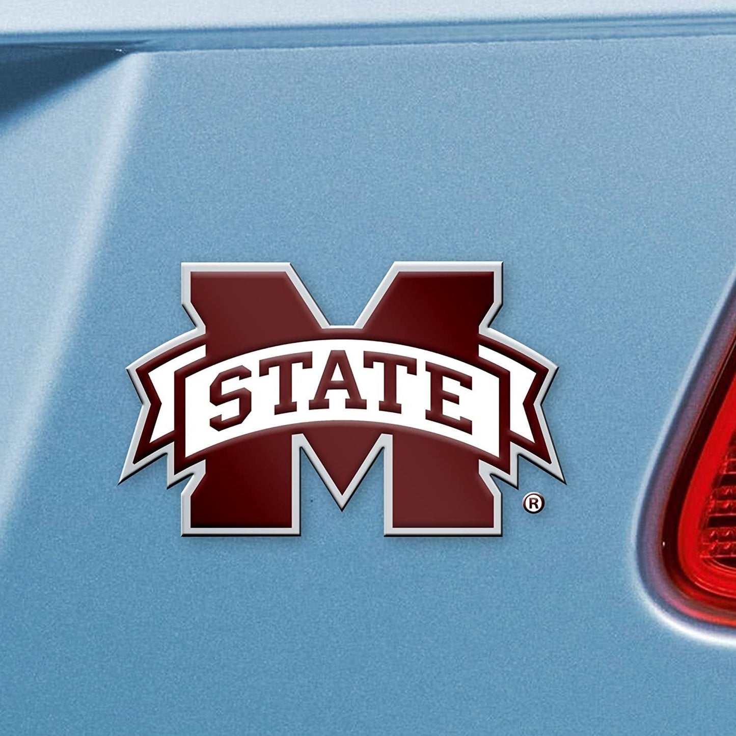 Mississippi State University Bulldogs Premium Solid Metal Raised Auto Emblem, Team Color, Shape Cut, Adhesive Backing