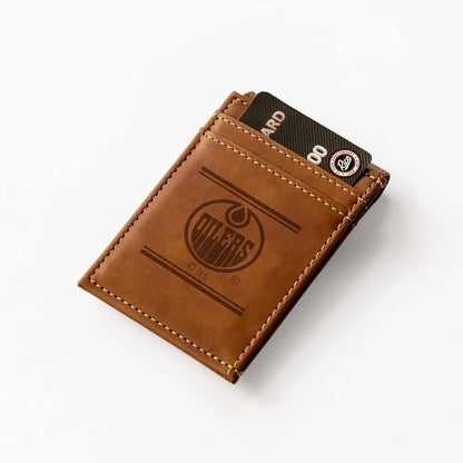 Edmonton Oilers Premium Brown Leather Wallet, Front Pocket Magnetic Money Clip, Laser Engraved, Vegan