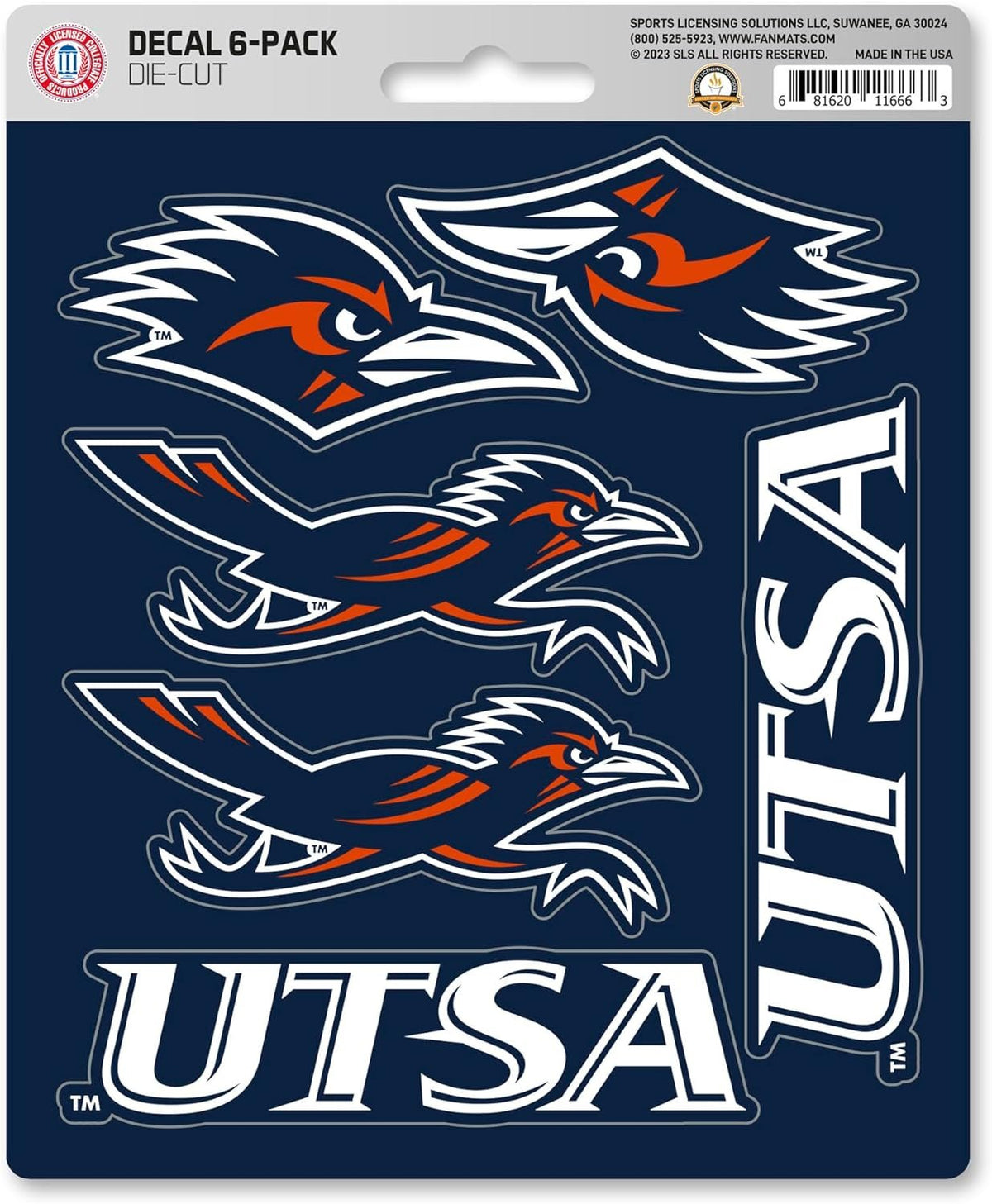 University of Texas San Antonio UTSA Roadrunners 6-Piece Decal Sticker Set, 5x6 Inch Sheet, Gift for football fans for any hard surfaces around home, automotive, personal items
