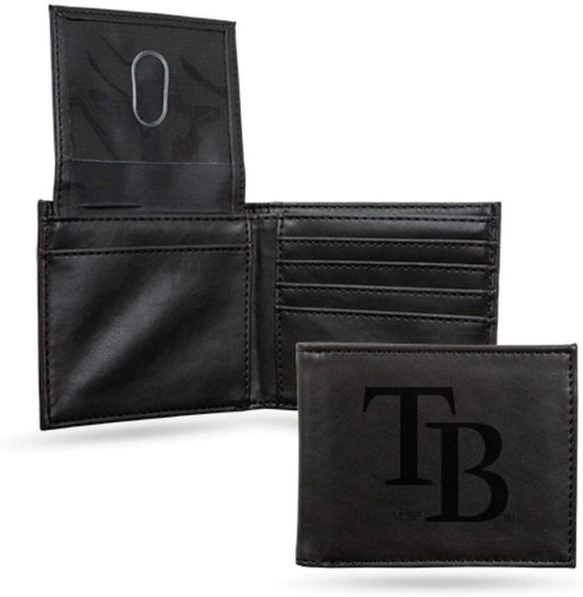 Tampa Bay Rays Premium Black Leather Wallet, Bifold Billfold, Embossed Laser Engraved