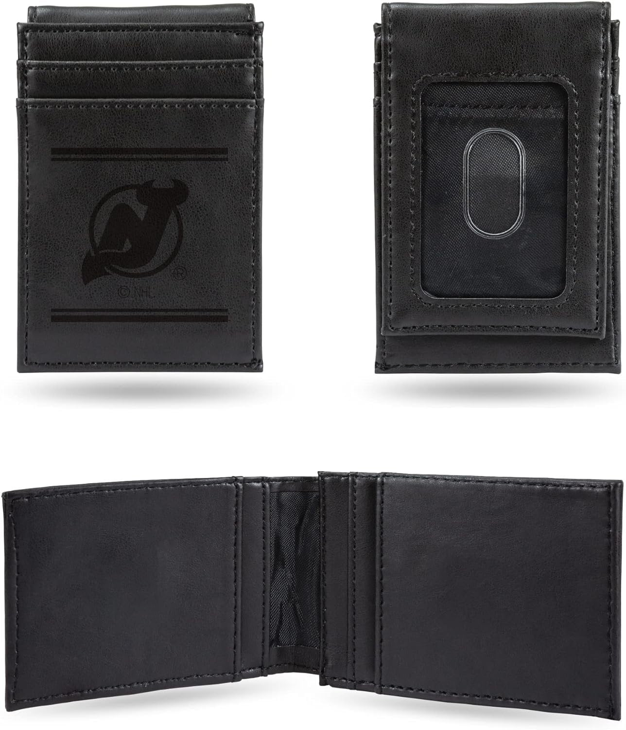 New Jersey Devils Premium Black Leather Wallet, Front Pocket Magnetic Money Clip, Laser Engraved, Vegan