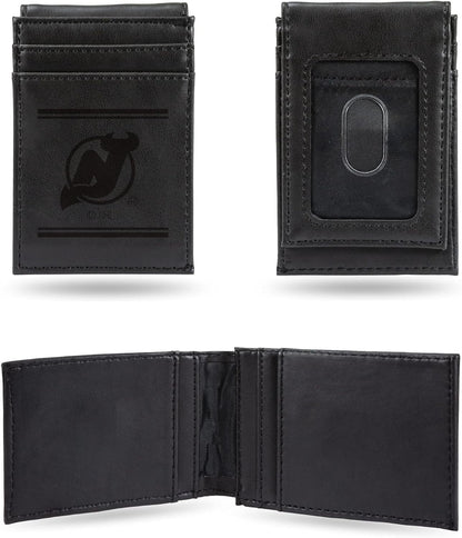 New Jersey Devils Premium Black Leather Wallet, Front Pocket Magnetic Money Clip, Laser Engraved, Vegan