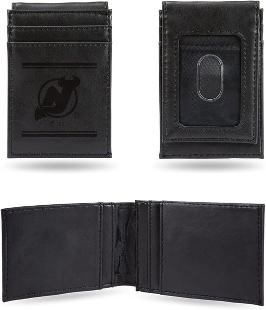 New Jersey Devils Premium Black Leather Wallet, Front Pocket Magnetic Money Clip, Laser Engraved, Vegan
