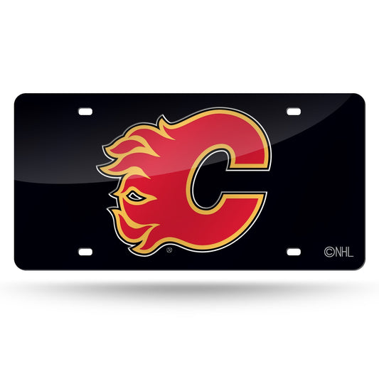 Calgary Flames Premium Laser Cut Tag License Plate, Mirrored Acrylic Inlaid, Black, 12x6 Inch