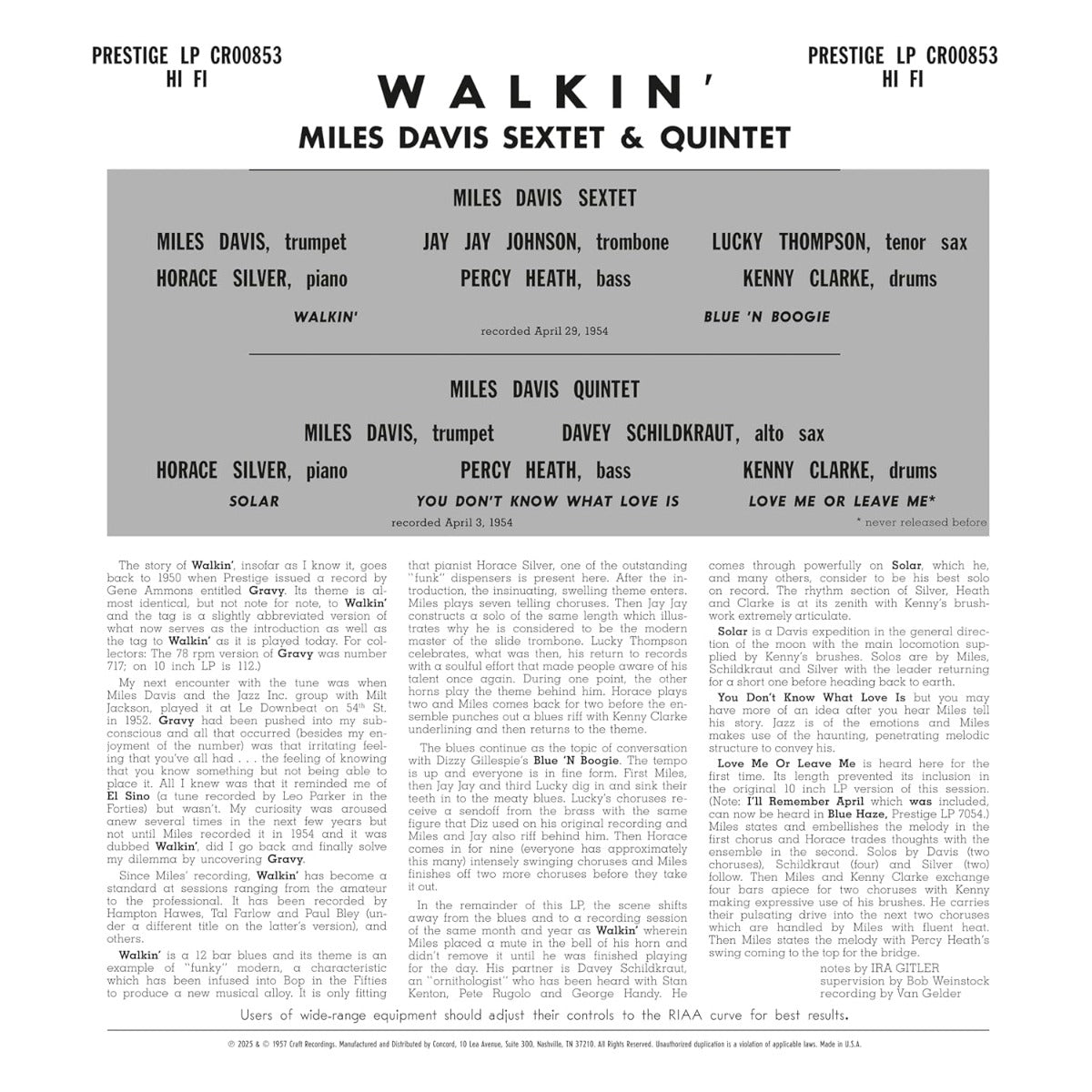 Walkin' (Original Jazz Classics Series) (180 Gram Vinyl) Vinyl Record