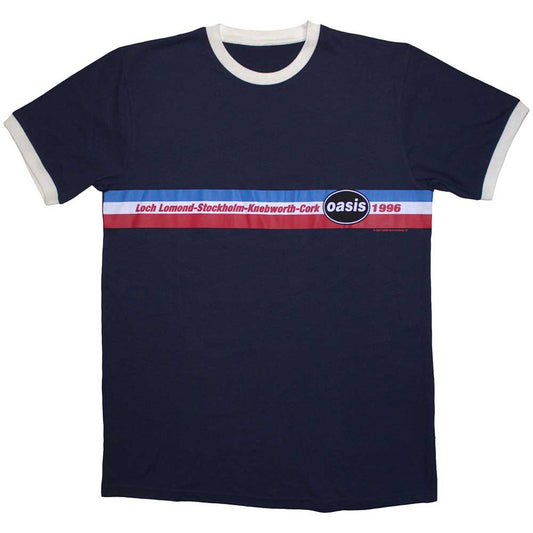 Oasis 1996 Tour Horizontal Stripes Mens Ringer T Shirt Blue