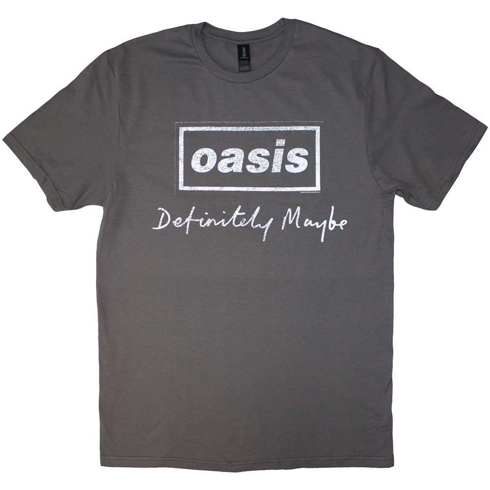 Oasis Definitely Maybe Distressed Text Logo Mens T Shirt Grey