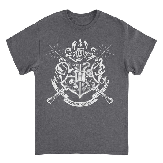 Harry Potter White Hogwarts Emblem Mens T Shirt Dark Heather Officially Licensed