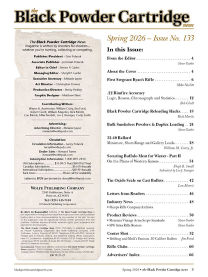 Black Powder Cartridge News - Spring 2026: First Sergeant Ryan’s Rifle, Tin Oxide Scale on Cast Bullets, Securing Buffalo Meat For Winter, .22 Rimfire Accuracy Guide, Reloading Hacks & More!