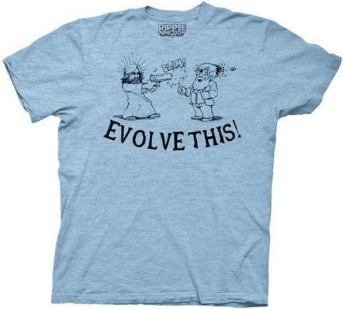 Paul Movie Evolve This! Jesus Shooting Darwin Mens T Shirt Blue Officially Licensed