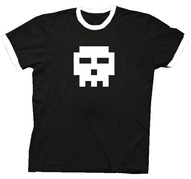 Pixel Skull Adult Black with White Ringer T Shirt