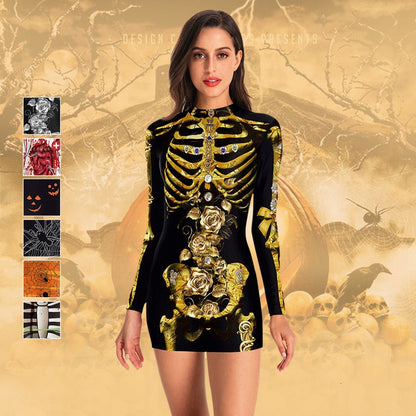 Women Vintage Skeleton Rose Print Dress