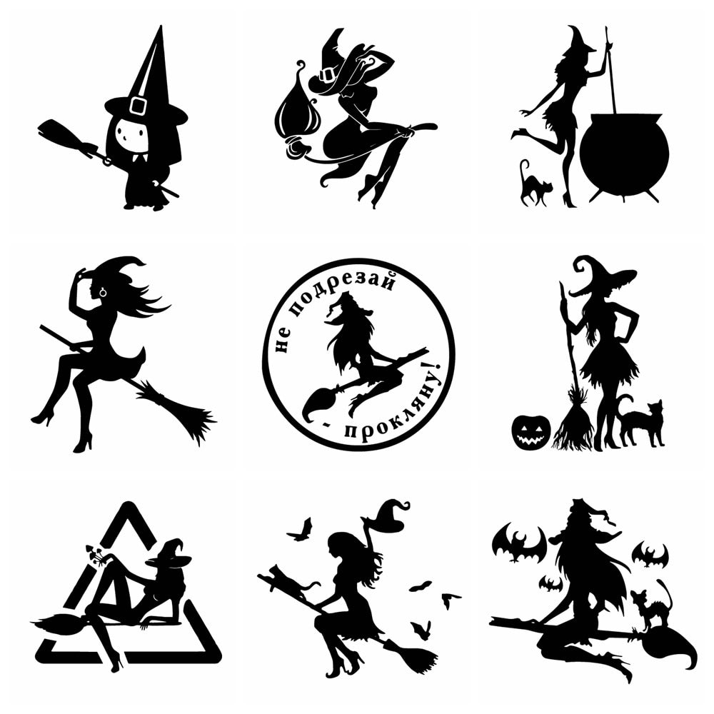 Scary Halloween Witch Flying on Broom Decals
