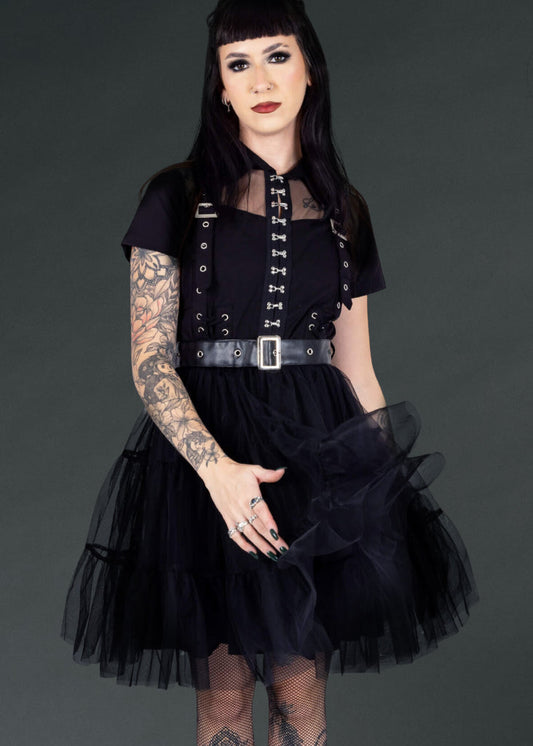 Raven Goth Mini Dress with Buckles and Lacing