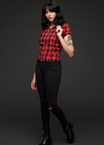 Rebel Yell Checkered Short Sleeve Zippered and Studded Shirt