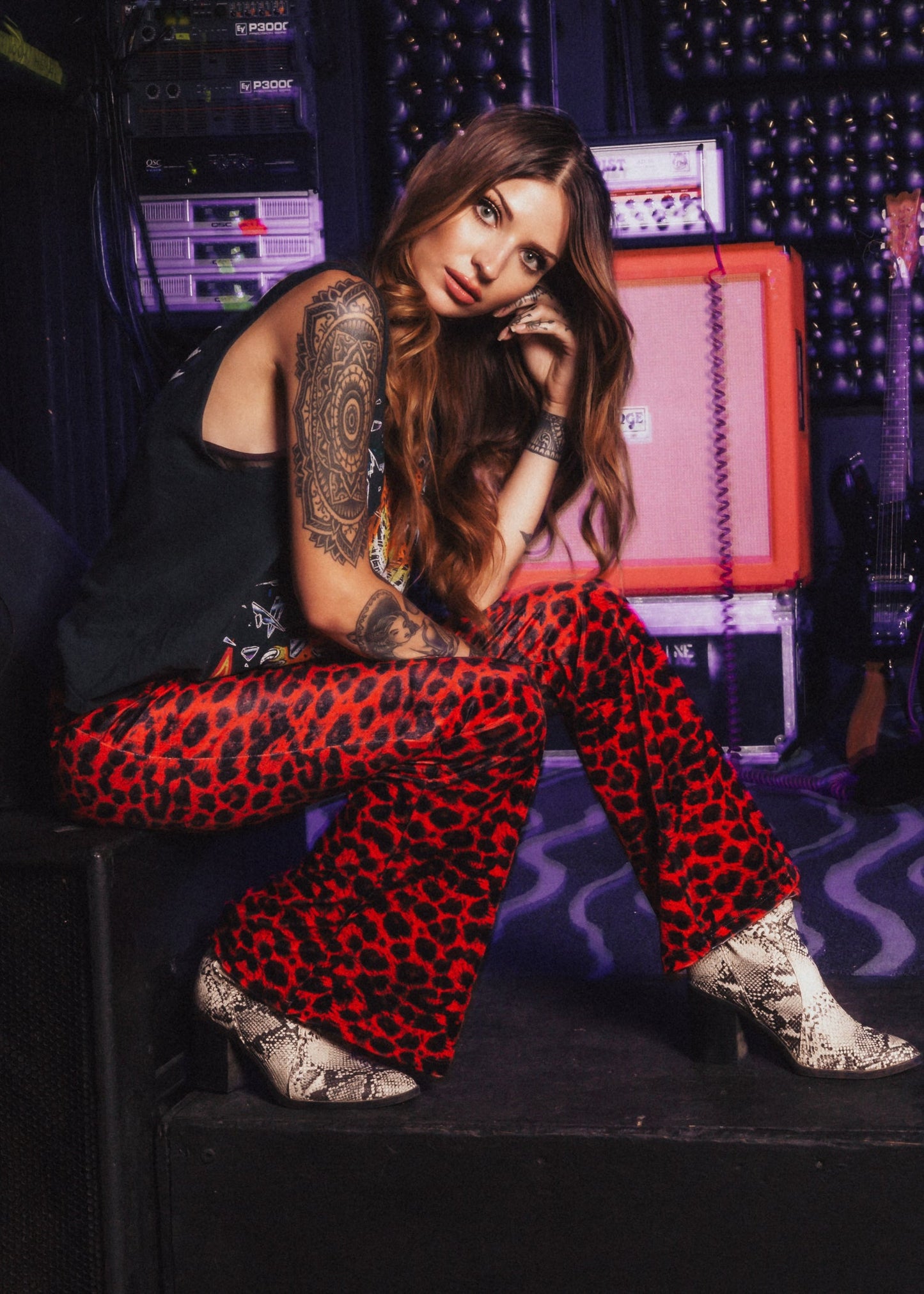 Rock Steady Red Leopard Animal Print Velvet Flare Pants Bell Bottoms