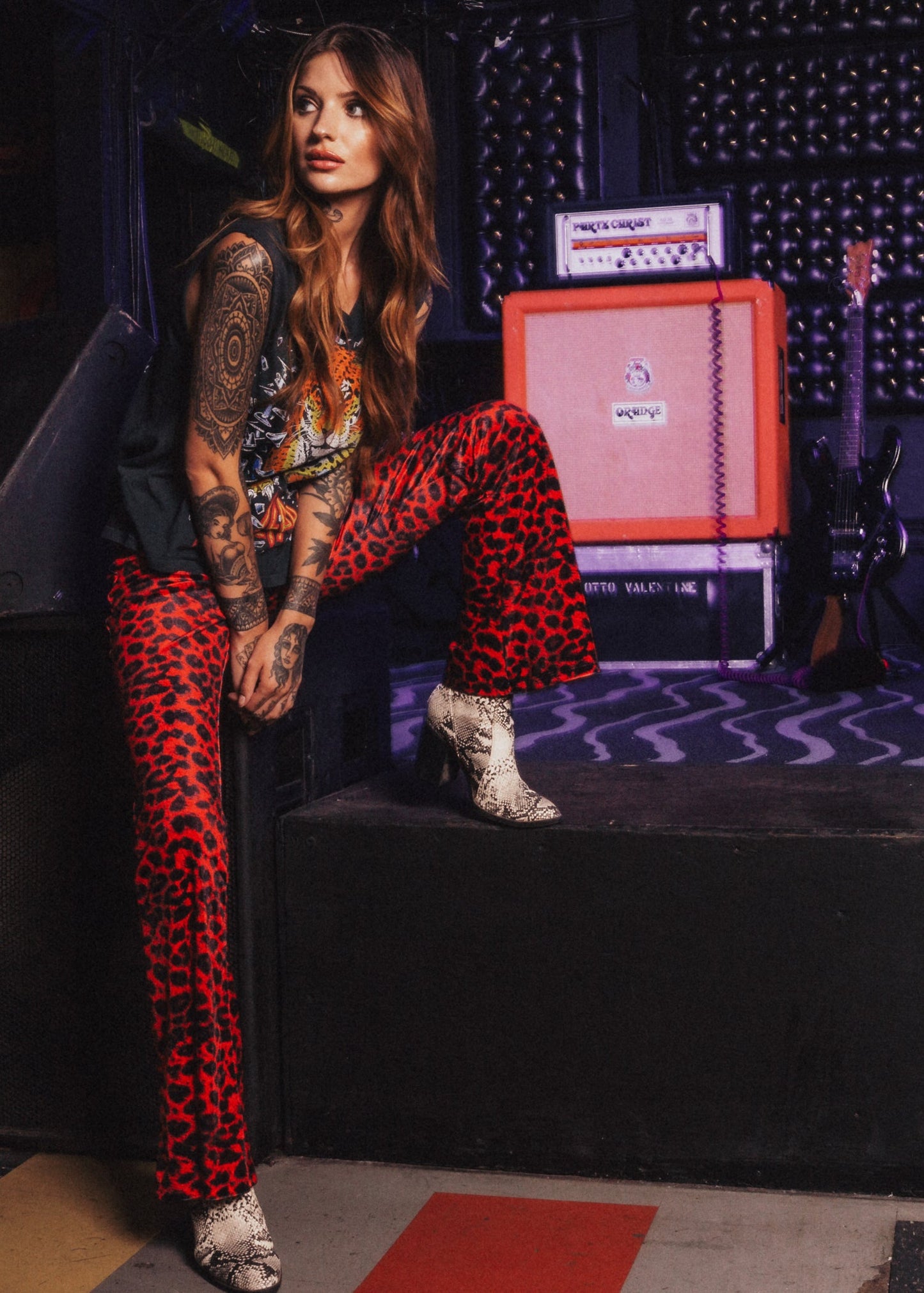 Rock Steady Red Leopard Animal Print Velvet Flare Pants Bell Bottoms