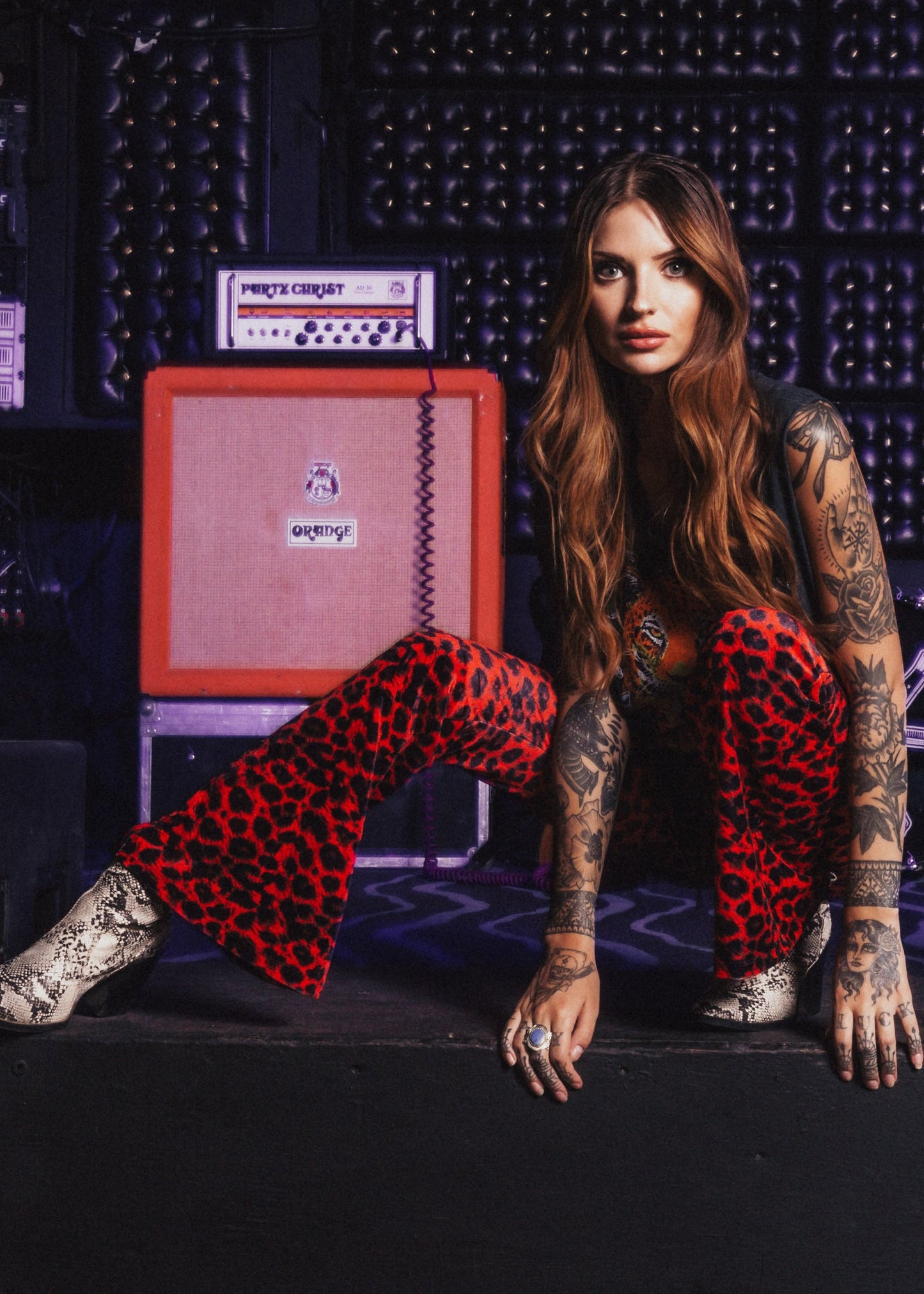 Rock Steady Red Leopard Animal Print Velvet Flare Pants Bell Bottoms