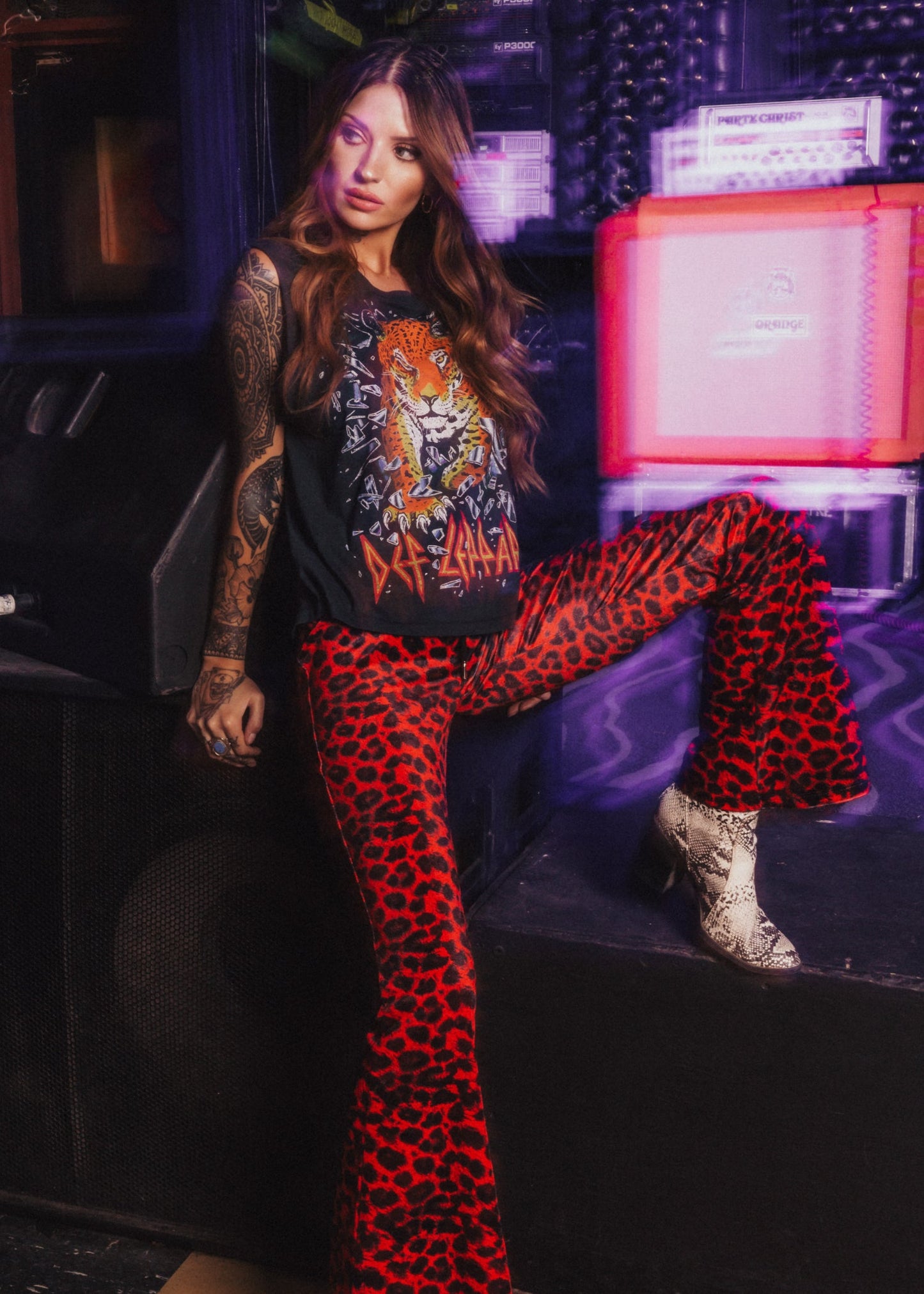 Rock Steady Red Leopard Animal Print Velvet Flare Pants Bell Bottoms