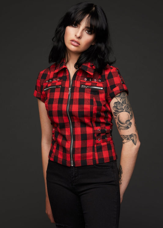 Rebel Yell Checkered Short Sleeve Zippered and Studded Shirt