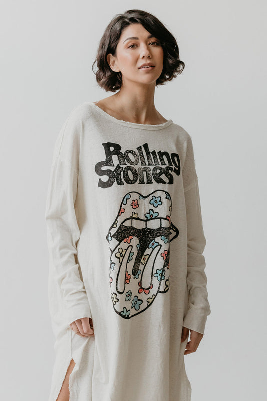 Rolling Stones Flower Power Womens Dress Tee Shirt Ivory