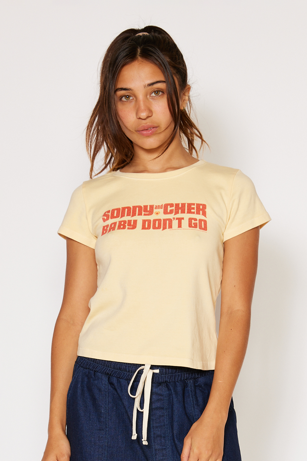 Sonny & Cher Baby Don't Go Womens Baby Tee Shirt Yellow