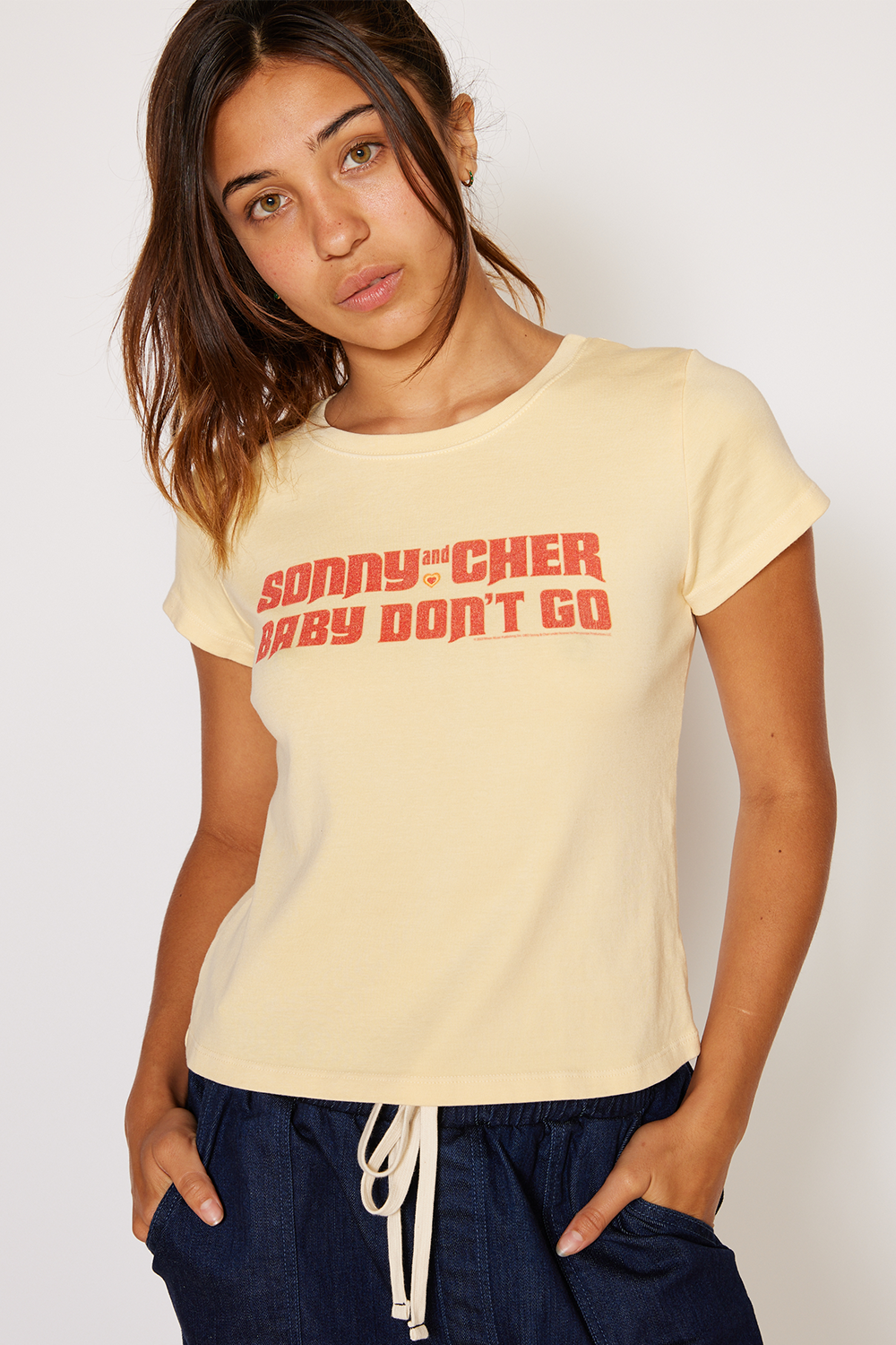 Sonny & Cher Baby Don't Go Womens Baby Tee Shirt Yellow