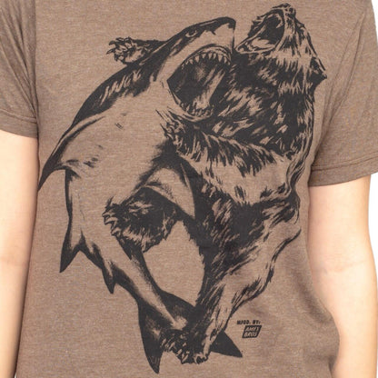 Shark vs. Bear Heather Brown Adult T-shirt