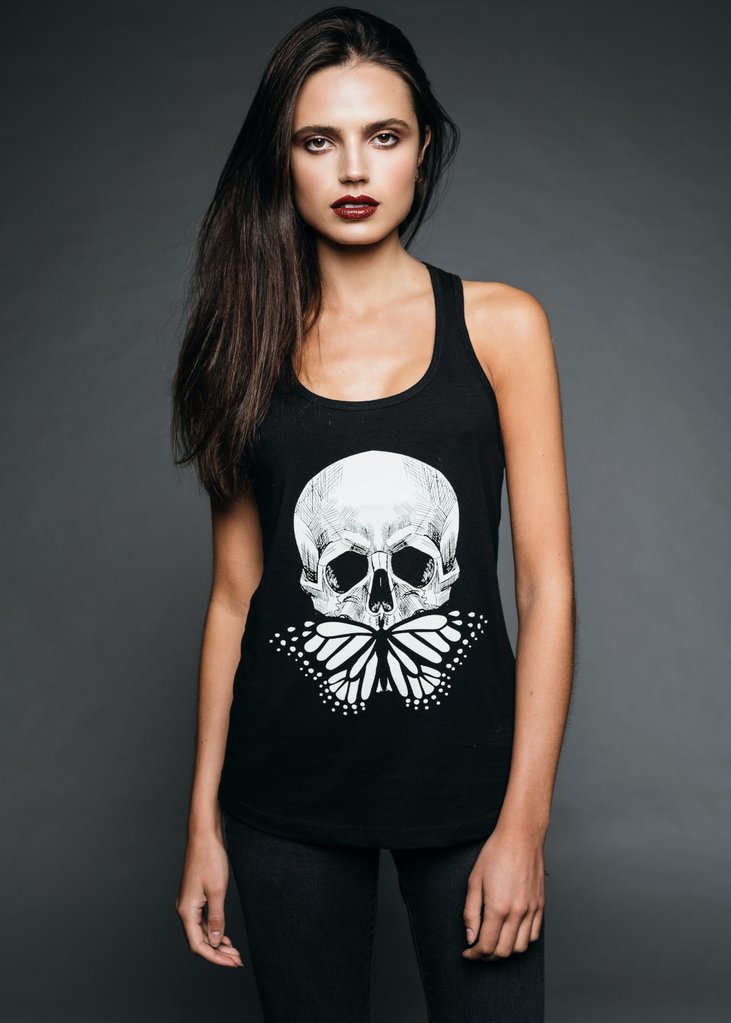 Black Butterfly Skull Racerback Tank Top