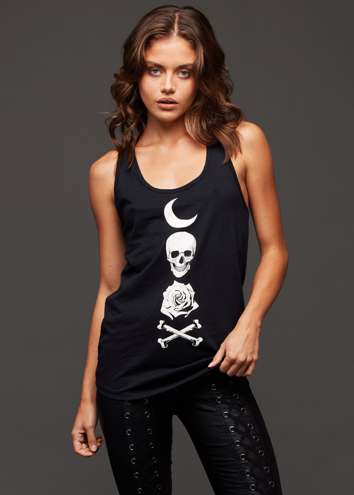 Crescent Moon and Skull Sleeveless Graphic Tee