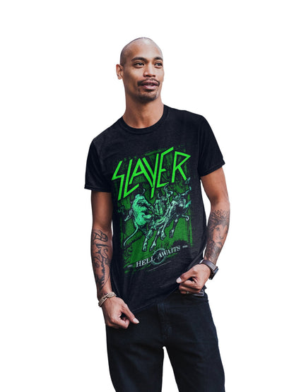 Slayer Neon Hell Awaits Mens T Shirt Black