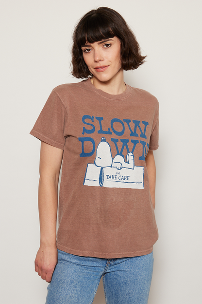 Peanuts Slow Down Womens Tee Shirt Brown