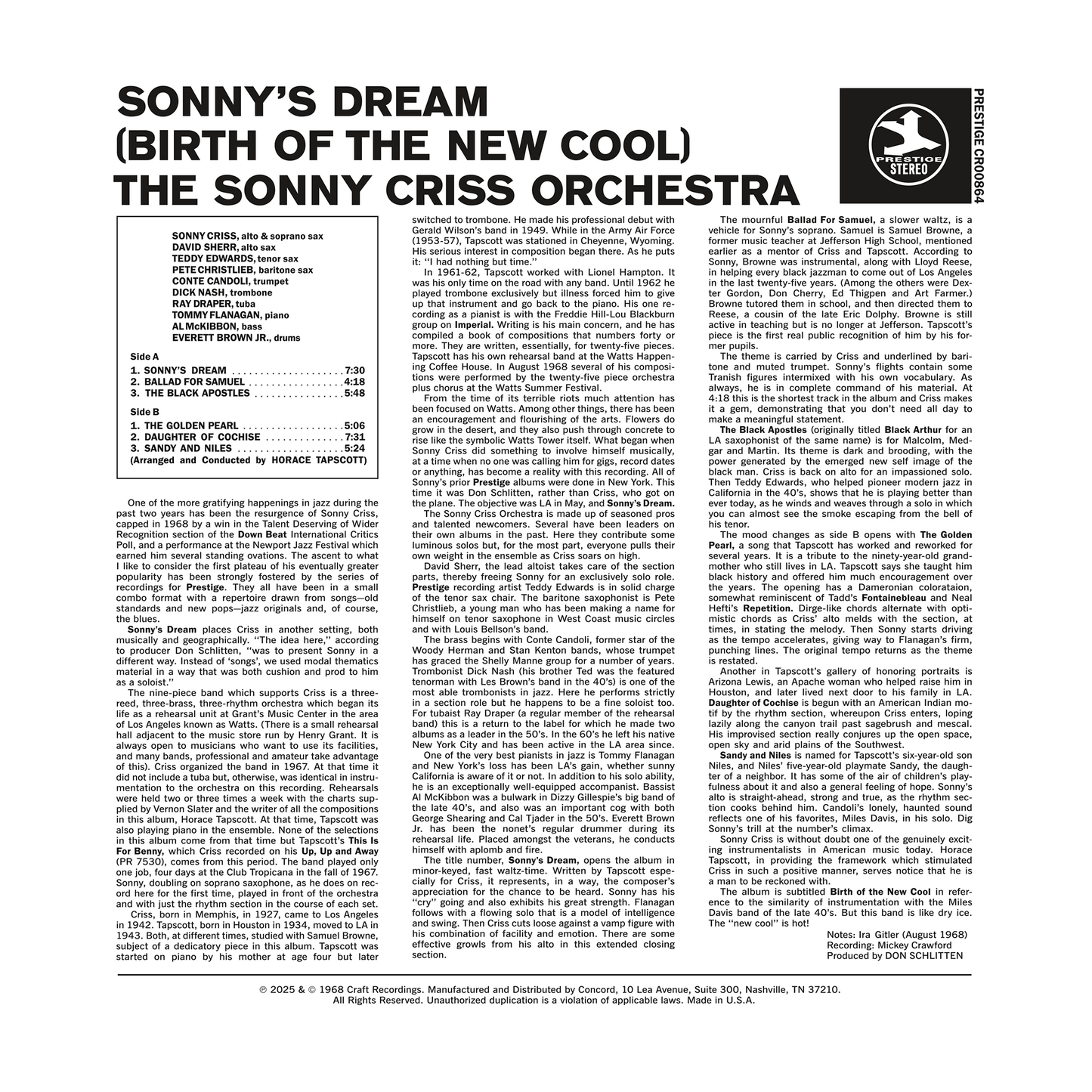 Sonny's Dream (Birth Of The New Cool) (Original Jazz Classics Series) (180g LP) Vinyl Record